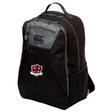 The Southern Pines Youth Rugby Medium Backpack by EMB Canterbury is versatile, available in black and gray with a Canterbury logo, carrying handle, multiple zippers, mesh side pocket, embroidered "SP" shield emblem, and a padded laptop pocket for added convenience.