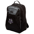 The Cypress Warriors Men's Rugby Medium Backpack by EMB Canterbury features gray accents, front zipper compartments, a mesh side pocket, water repellent finish, and a "Warriors Men's Rugby" logo on the lower front.