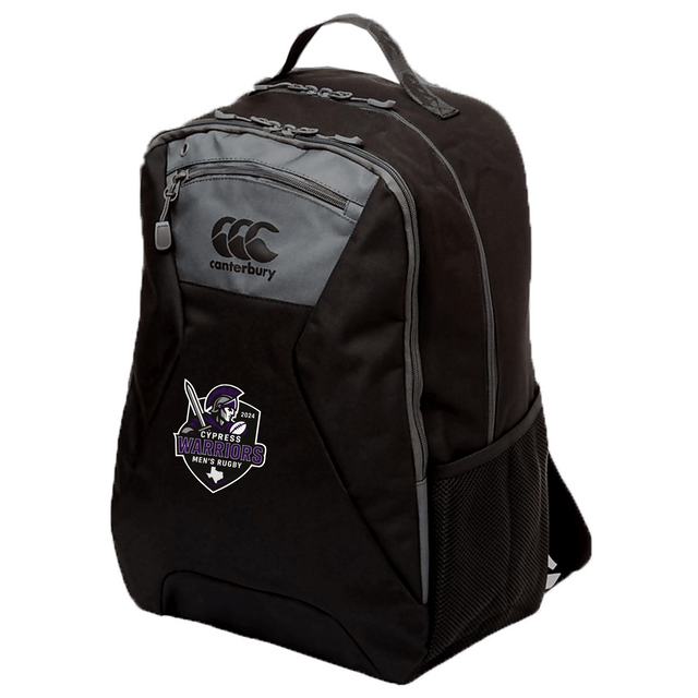 The Cypress Warriors Men's Rugby Medium Backpack by EMB Canterbury features gray accents, front zipper compartments, a mesh side pocket, water repellent finish, and a "Warriors Men's Rugby" logo on the lower front.