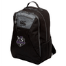 The Cypress Warriors Men's Rugby Medium Backpack by EMB Canterbury features gray accents, front zipper compartments, a mesh side pocket, water repellent finish, and a "Warriors Men's Rugby" logo on the lower front.