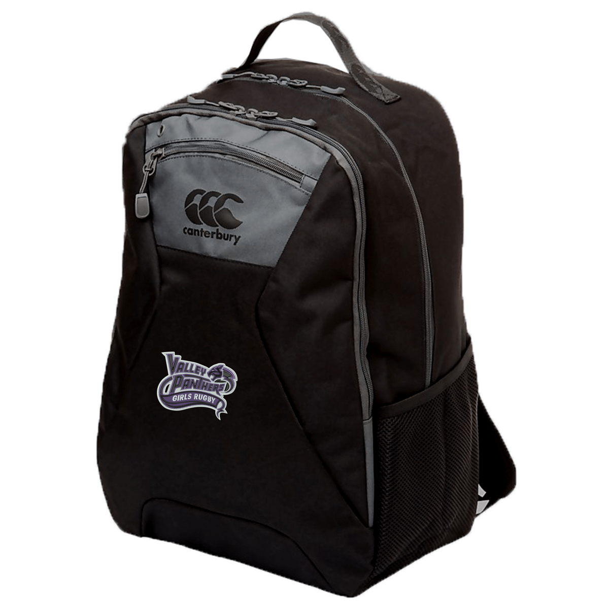 The Valley Panthers Girls Rugby Medium Backpack by Canterbury, from EMB Canterbury, is a black backpack with gray accents featuring a front zip pocket, side mesh pocket, and the “Valley Panthers” logo on the lower front. This water repellent backpack also offers a padded laptop pocket for added convenience and protection.