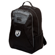 The South Orange County Raptors Medium Backpack by EMB Canterbury features a black and gray design with a front zipper pocket, side mesh pocket, top handle, and a distinctive sports team patch on the front—this athletic gear backpack is crafted to keep your essentials secure for every adventure.