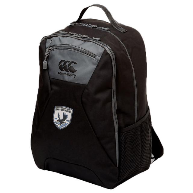 The South Orange County Raptors Medium Backpack by EMB Canterbury features a black and gray design with a front zipper pocket, side mesh pocket, top handle, and a distinctive sports team patch on the front—this athletic gear backpack is crafted to keep your essentials secure for every adventure.