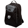 The South Orange County Raptors Medium Backpack by EMB Canterbury features a black and gray design with a front zipper pocket, side mesh pocket, top handle, and a distinctive sports team patch on the front—this athletic gear backpack is crafted to keep your essentials secure for every adventure.