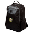 Introducing the RVA T.R.C. Medium Backpack by Canterbury from EMB Canterbury—a black athletic backpack with stylish gray accents. It features a zippered front pocket, mesh side pocket, and an RVA logo patch on the front. Crafted from water-repellent materials, this backpack keeps your essentials protected in any weather.