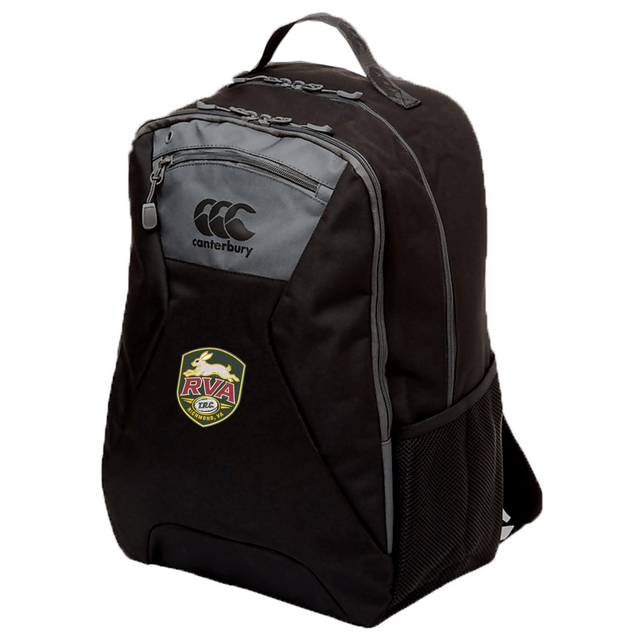 Introducing the RVA T.R.C. Medium Backpack by Canterbury from EMB Canterbury—a black athletic backpack with stylish gray accents. It features a zippered front pocket, mesh side pocket, and an RVA logo patch on the front. Crafted from water-repellent materials, this backpack keeps your essentials protected in any weather.