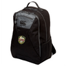 Introducing the RVA T.R.C. Medium Backpack by Canterbury from EMB Canterbury—a black athletic backpack with stylish gray accents. It features a zippered front pocket, mesh side pocket, and an RVA logo patch on the front. Crafted from water-repellent materials, this backpack keeps your essentials protected in any weather.