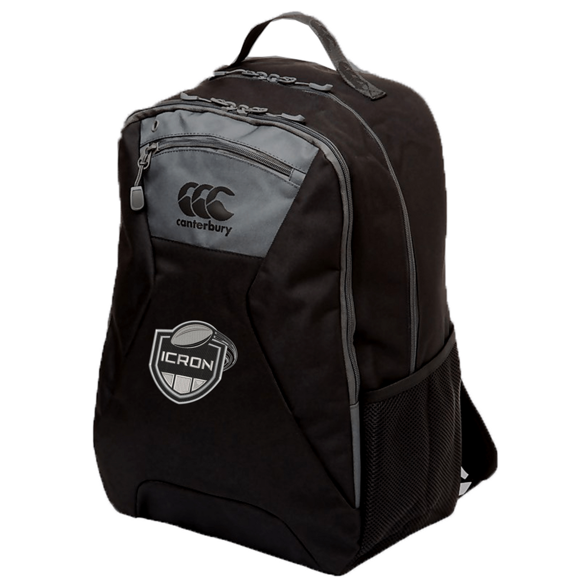 Black and grey water-repellent ICRON Medium Backpack by Canterbury featuring a top carry handle, zippered compartments, side mesh pockets, and a front shield logo.