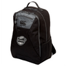 Black and grey water-repellent ICRON Medium Backpack by Canterbury featuring a top carry handle, zippered compartments, side mesh pockets, and a front shield logo.