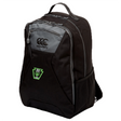 Black Rock Rugby Medium Backpack by Canterbury featuring a grey front pocket with a logo, a green “Rock Rugby Lions” emblem, and a padded laptop pocket.