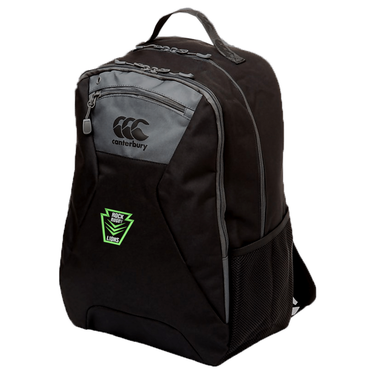 Black Rock Rugby Medium Backpack by Canterbury featuring a grey front pocket with a logo, a green “Rock Rugby Lions” emblem, and a padded laptop pocket.