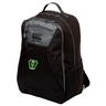 Black Rock Rugby Medium Backpack by Canterbury featuring a grey front pocket with a logo, a green “Rock Rugby Lions” emblem, and a padded laptop pocket.