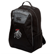 The EMB Canterbury Birmingham Iron Women's Football Medium Backpack features a black and gray design, top handle, side mesh pocket, padded laptop pocket, water repellent fabric, and a front Birmingham Iron logo patch.