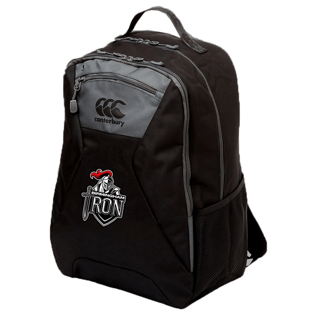 The EMB Canterbury Birmingham Iron Women's Football Medium Backpack features a black and gray design, top handle, side mesh pocket, padded laptop pocket, water repellent fabric, and a front Birmingham Iron logo patch.