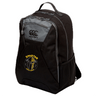 The Spartan Youth Rugby Medium Backpack by EMB Canterbury features a black design with gray accents, "Spartan Youth Rugby" logo, mesh side pocket, padded laptop pocket, stands upright, and is water repellent for easy access and durability.