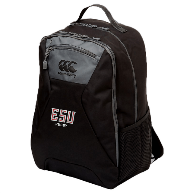 The East Stroudsburg University Medium Backpack by Canterbury features a black design with gray accents, side mesh pocket, water-repellent fabric, padded laptop pocket, and an "ESU Rugby" logo on the front.