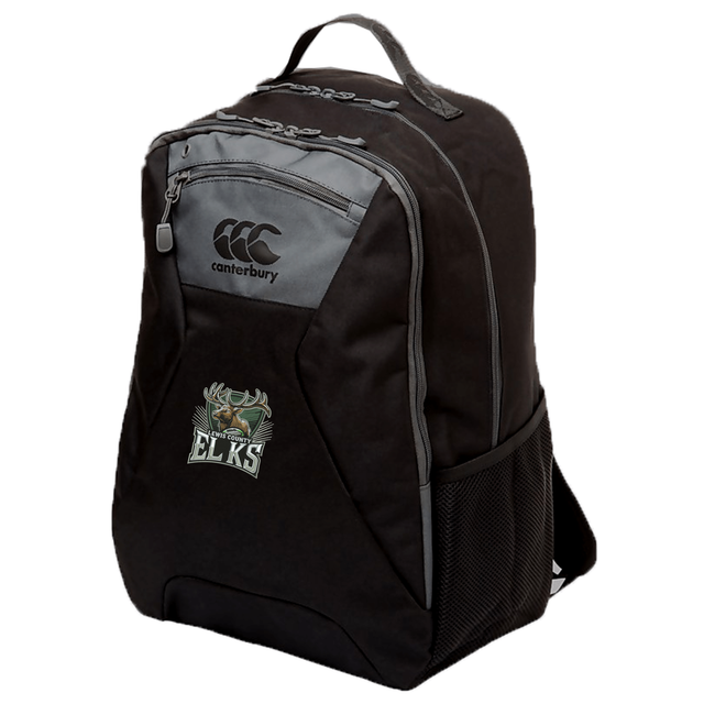 Lewis County Elks Medium Backpack by Canterbury, featuring gray accents, the ELKS logo on the front, a padded laptop pocket, side mesh pocket, and top handle. This water-repellent EMB Canterbury backpack is photographed on a white background.