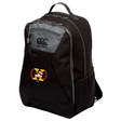 Potomac Exiles Rugby Club Medium Backpack by Canterbury in black, featuring mesh side pockets, grey zippers, and a vibrant club-themed patch with a large "M" and laurel on the front. This water-repellent EMB Canterbury backpack includes a padded laptop pocket for secure storage of your essentials.