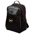 Black water-repellent Mother Lode Medium Backpack by Canterbury featuring a grey top pocket, a side mesh pocket, and an embroidered logo of crossed pickaxes and a rugby ball.