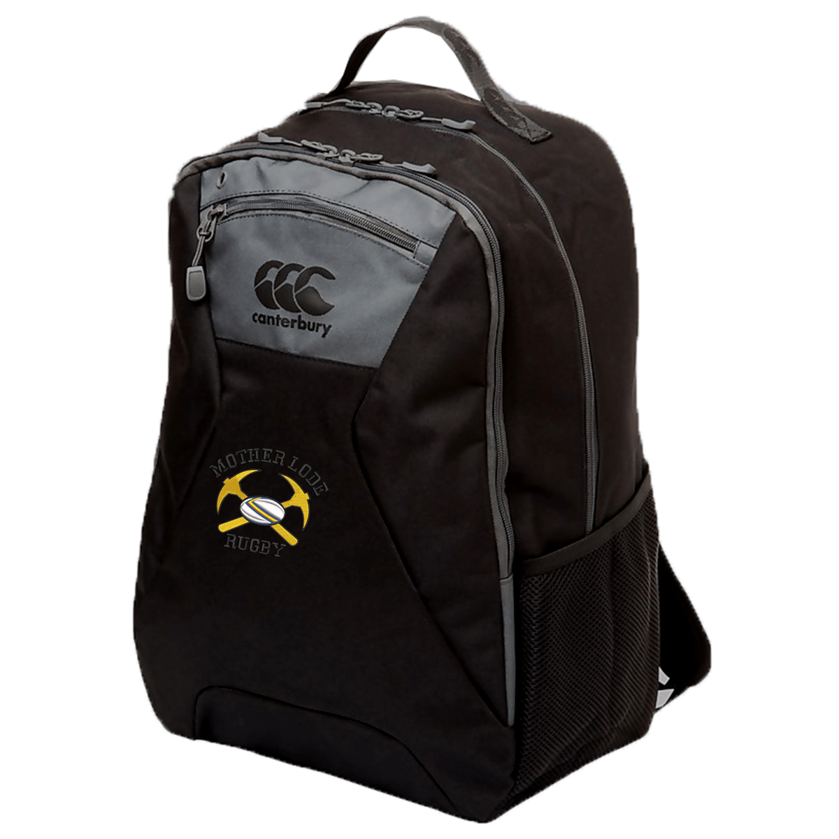 Black water-repellent Mother Lode Medium Backpack by Canterbury featuring a grey top pocket, a side mesh pocket, and an embroidered logo of crossed pickaxes and a rugby ball.