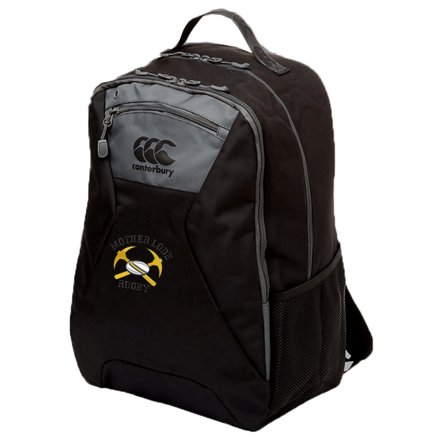 Black water-repellent Mother Lode Medium Backpack by Canterbury featuring a grey top pocket, a side mesh pocket, and an embroidered logo of crossed pickaxes and a rugby ball.