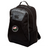A black Society of Iowa Rugby Referees Medium Backpack by EMB Canterbury with gray zippers and a mesh side pocket, featuring a round patch with pink flowers and text on the front. This water repellent backpack also includes a padded laptop pocket for added protection and convenience.