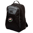 A black Society of Iowa Rugby Referees Medium Backpack by EMB Canterbury with gray zippers and a mesh side pocket, featuring a round patch with pink flowers and text on the front. This water repellent backpack also includes a padded laptop pocket for added protection and convenience.