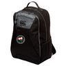 A black Society of Iowa Rugby Referees Medium Backpack by EMB Canterbury with gray zippers and a mesh side pocket, featuring a round patch with pink flowers and text on the front. This water repellent backpack also includes a padded laptop pocket for added protection and convenience.