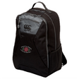 The Santa Rosa Youth Rugby Medium Backpack by Canterbury, from EMB Canterbury, is a black water-repellent backpack featuring a front pocket, side mesh pocket, and an embroidered “Santa Rosa Youth Rugby” logo with a red rose on the front. This medium-sized backpack also includes a padded laptop pocket for added convenience and protection.