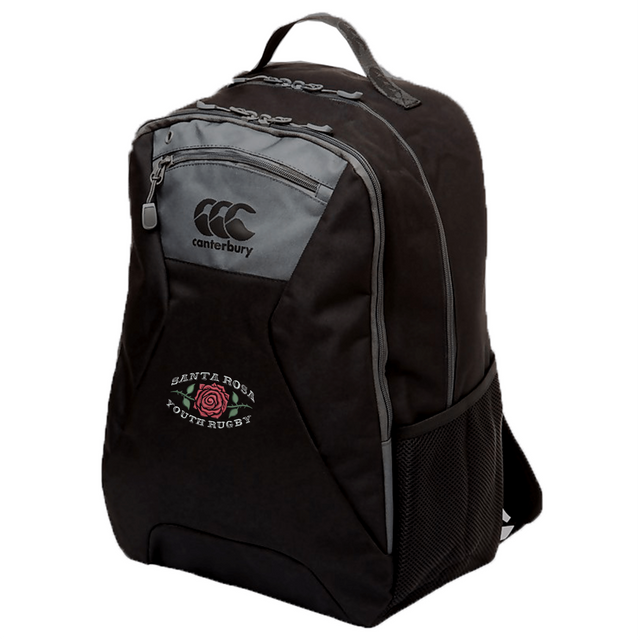 The Santa Rosa Youth Rugby Medium Backpack by Canterbury, from EMB Canterbury, is a black water-repellent backpack featuring a front pocket, side mesh pocket, and an embroidered “Santa Rosa Youth Rugby” logo with a red rose on the front. This medium-sized backpack also includes a padded laptop pocket for added convenience and protection.
