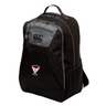 The Superior Rugby Club Medium Backpack by EMB Canterbury is black, with a front zipper pocket, side mesh pocket, padded laptop pocket, and a "Superior Rugby" logo patch on the front.