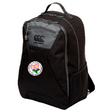 A black EMB Canterbury Society of Iowa Rugby Referees Medium Backpack with gray accents and a mesh side pocket, featuring the Japan Rugby Football Union cherry blossom logo on the front. This water-repellent backpack by Canterbury also includes a padded laptop pocket to keep your belongings safe and organized while on the go.
