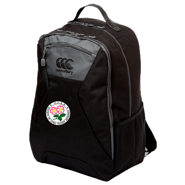 A black EMB Canterbury Society of Iowa Rugby Referees Medium Backpack with gray accents and a mesh side pocket, featuring the Japan Rugby Football Union cherry blossom logo on the front. This water-repellent backpack by Canterbury also includes a padded laptop pocket to keep your belongings safe and organized while on the go.