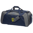 Description: The Gotham Knights Holdall Duffle Bag by Canterbury from EMB Canterbury features a blue and grey design with dual handles, an adjustable padded shoulder strap, multiple zippers, and a yellow and black crest logo on the side.