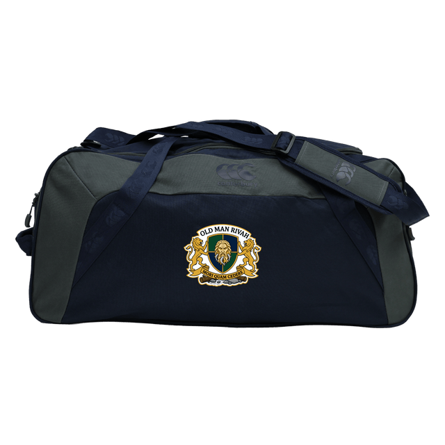 The EMB Canterbury Old Man Rivah Rugby Holdall Duffle Bag features navy and gray colors, water-repellent finish, shoulder and hand straps, and a front crest logo reading "Old Man Rivah".