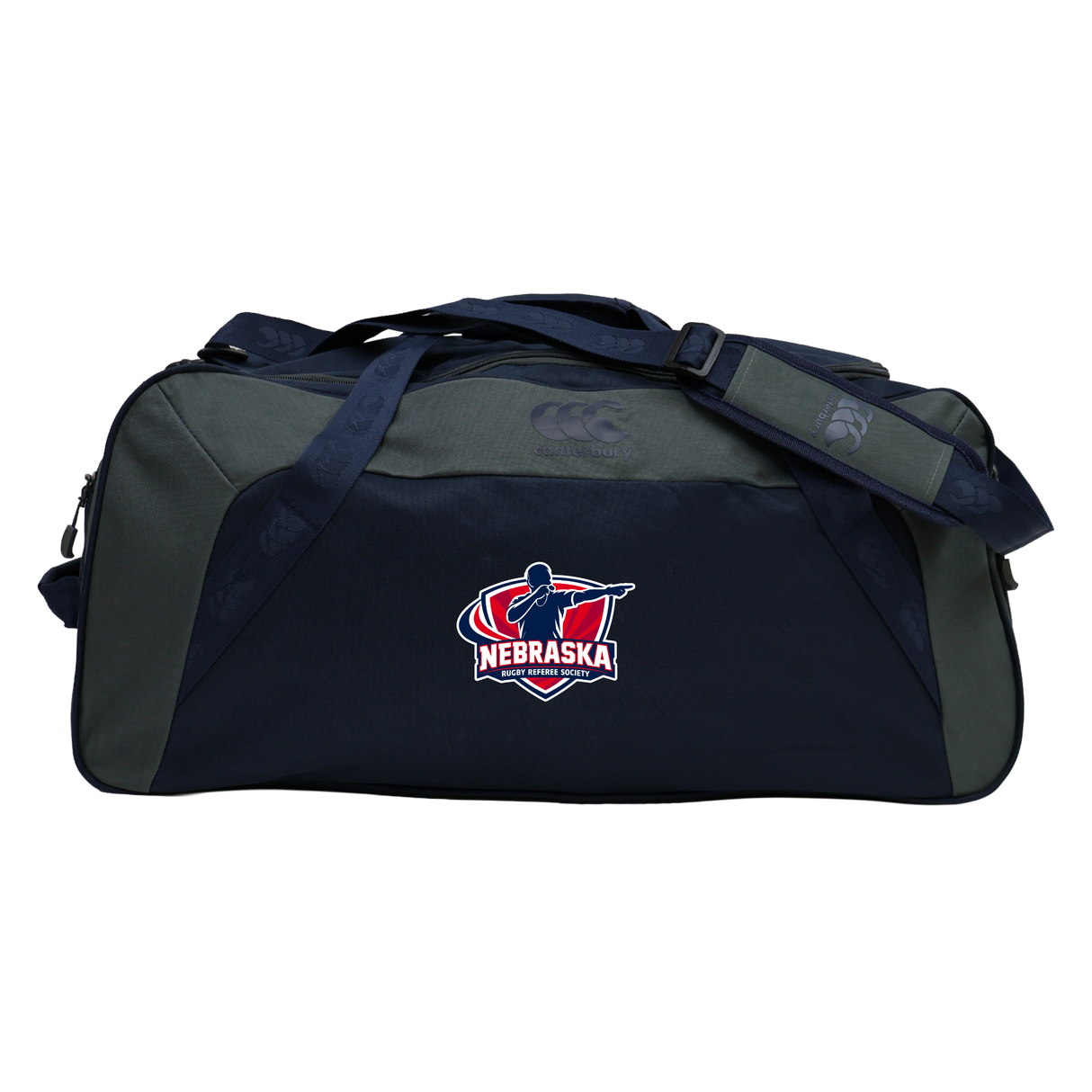 Carry your rugby essentials in the EMB Canterbury Nebraska Rugby Referee Society Holdall Duffle Bag—black and dark gray, water-repellent, with shoulder straps and a side logo.