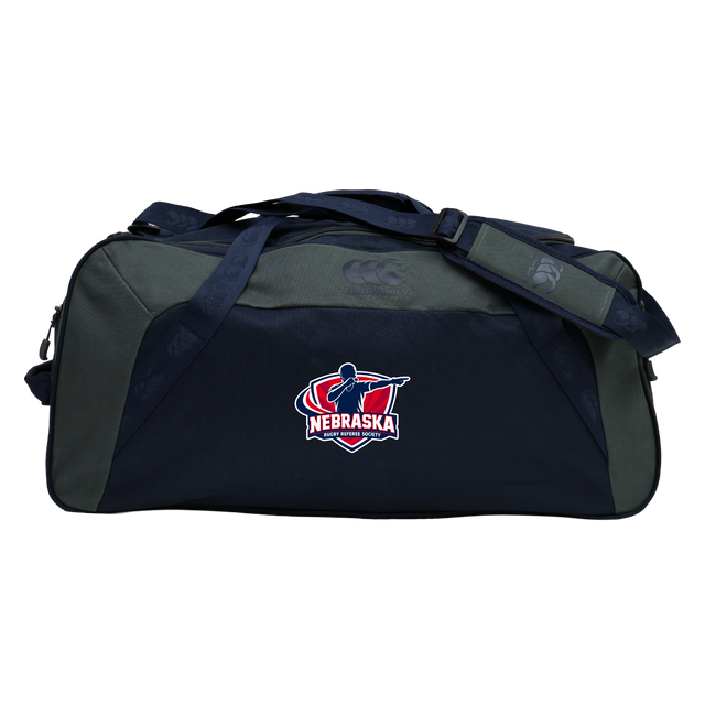 Carry your rugby essentials in the EMB Canterbury Nebraska Rugby Referee Society Holdall Duffle Bag—black and dark gray, water-repellent, with shoulder straps and a side logo.
