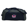 Carry your rugby essentials in the EMB Canterbury Nebraska Rugby Referee Society Holdall Duffle Bag—black and dark gray, water-repellent, with shoulder straps and a side logo.