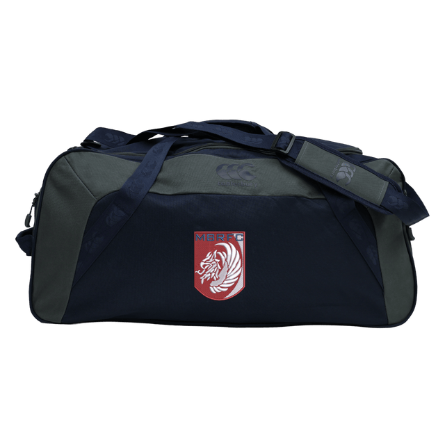 The Montgomery Bucks Griffins Holdall Duffle Bag by EMB Canterbury is a large navy and grey bag with a shoulder strap and red/white MBRFC lion logo, featuring water-repellent fabric to keep your rugby gear protected.