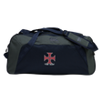 Introducing the SF CDME Rugby Holdall Duffle Bag by Canterbury. This large, navy blue and gray duffle from EMB Canterbury features a convenient shoulder strap, bold red and white cross logo, and prominent "COVE RUGBY" text on the front. Designed as a practical, water-repellent holdall, it’s ideal for keeping your rugby gear dry on and off the field.