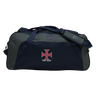 Introducing the SF CDME Rugby Holdall Duffle Bag by Canterbury. This large, navy blue and gray duffle from EMB Canterbury features a convenient shoulder strap, bold red and white cross logo, and prominent "COVE RUGBY" text on the front. Designed as a practical, water-repellent holdall, it’s ideal for keeping your rugby gear dry on and off the field.