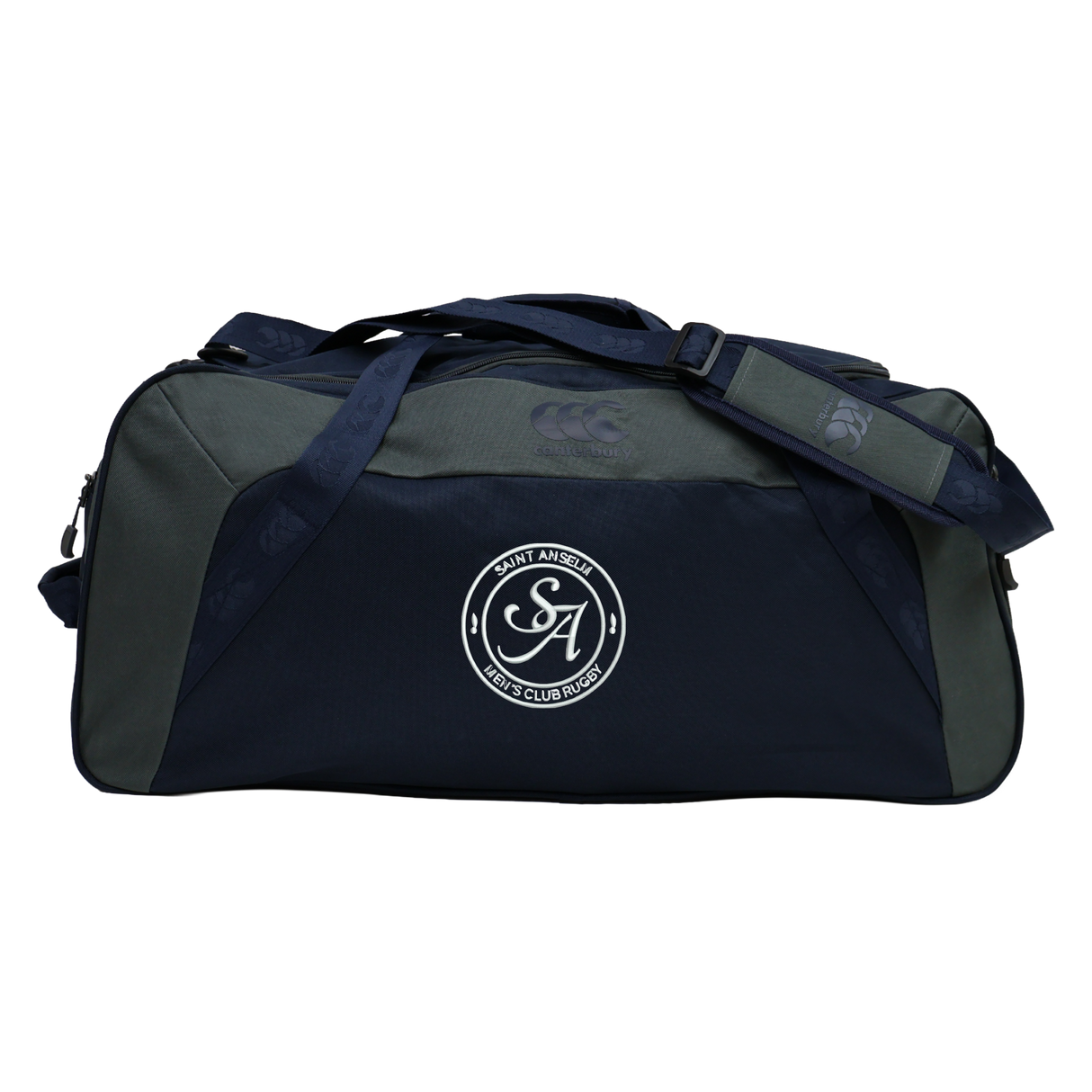 The Saint Anselm College Club Rugby Holdall Duffle Bag by EMB Canterbury features navy and gray colors, dual handles, an adjustable shoulder strap, a water-repellent finish, and a bold "Saint Anselm Rugby" front logo.