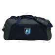 The Minneapolis Mayhem Rugby Holdall Duffle Bag by EMB Canterbury is a dark blue and gray, water-repellent bag featuring a “Minneapolis Mayhem Rugby” logo on the front, a padded shoulder strap, and ample space for all your rugby essentials.