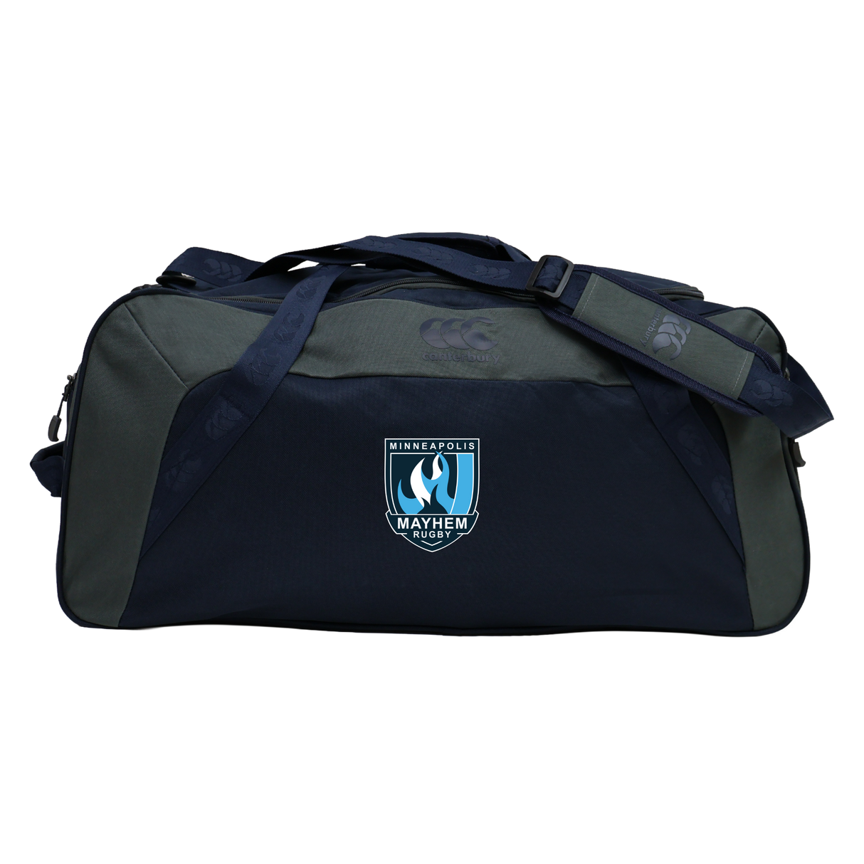 The Minneapolis Mayhem Rugby Holdall Duffle Bag by EMB Canterbury is a dark blue and gray, water-repellent bag featuring a “Minneapolis Mayhem Rugby” logo on the front, a padded shoulder strap, and ample space for all your rugby essentials.