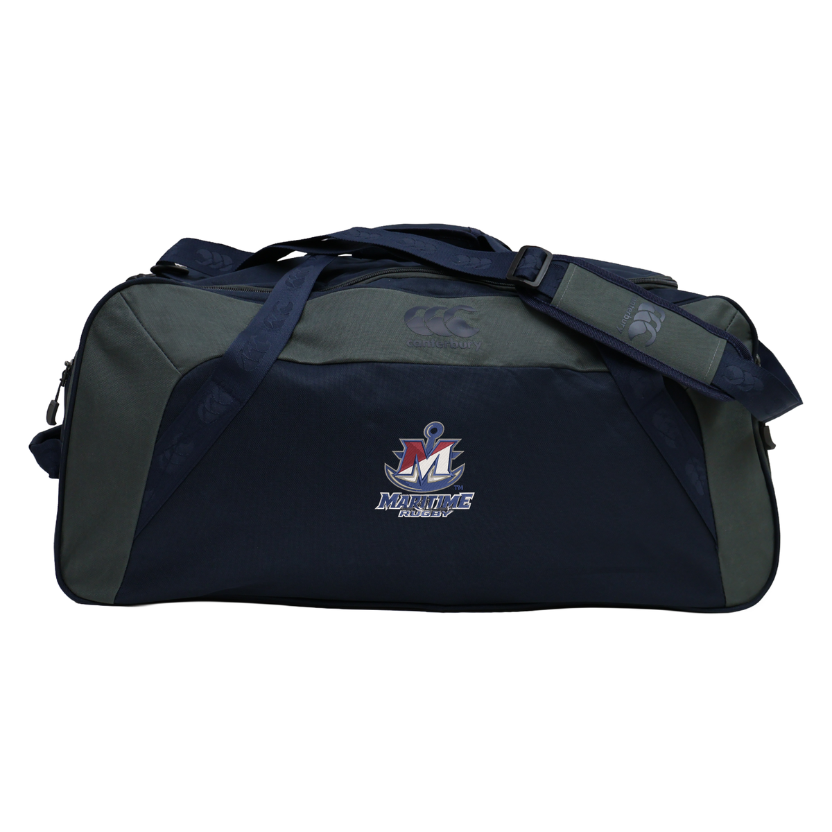Navy blue and dark grey SUNY Maritime Men’s Rugby Holdall Duffle Bag by Canterbury featuring the team logo on the front.