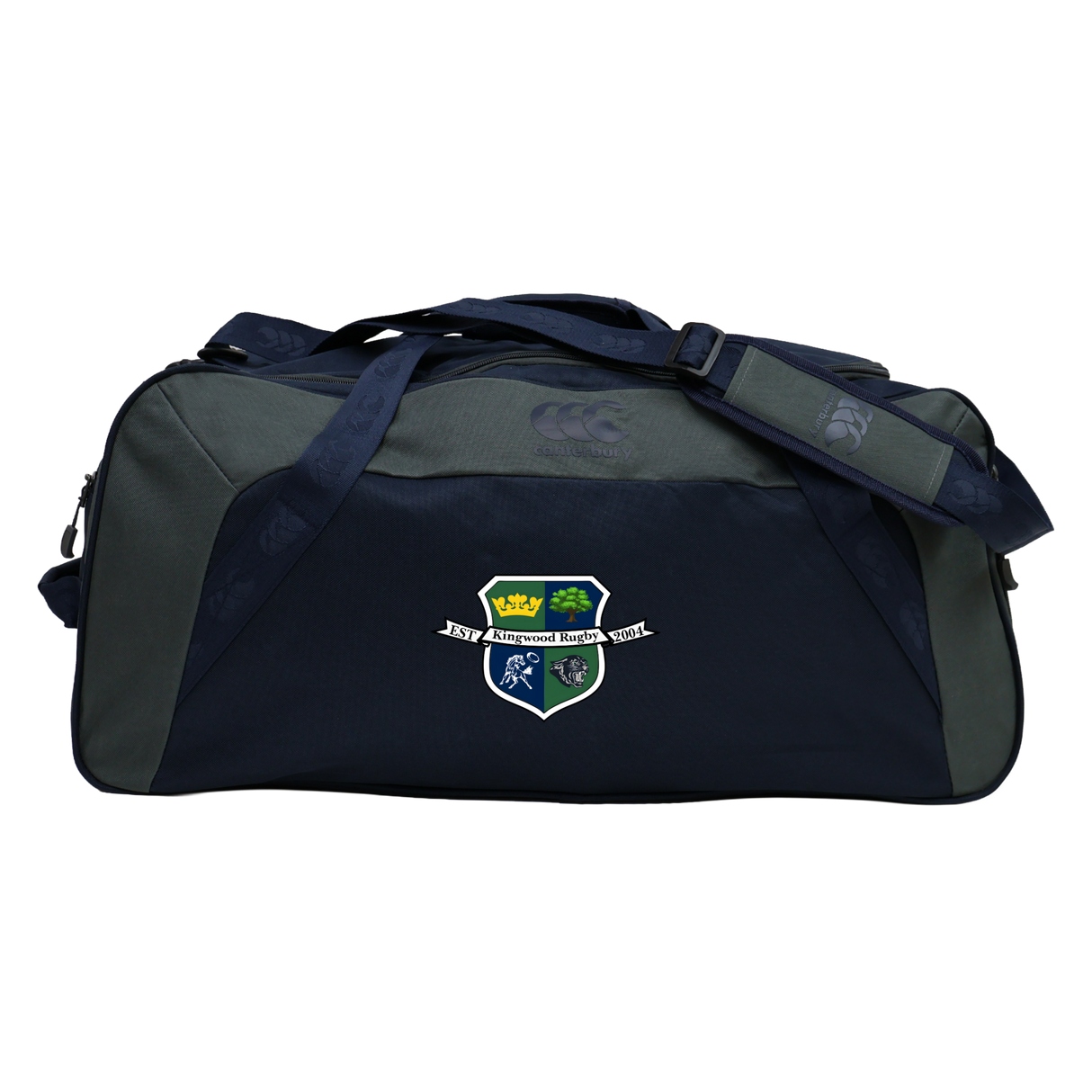 The Kingwood Rugby Holdall Duffle Bag by EMB Canterbury is a dark blue and gray, water-repellent bag with a shoulder strap and a crest logo of a crown, tree, and sports figures on the front—ideal for rugby essentials.