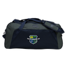 The Kingwood Rugby Holdall Duffle Bag by EMB Canterbury is a dark blue and gray, water-repellent bag with a shoulder strap and a crest logo of a crown, tree, and sports figures on the front—ideal for rugby essentials.