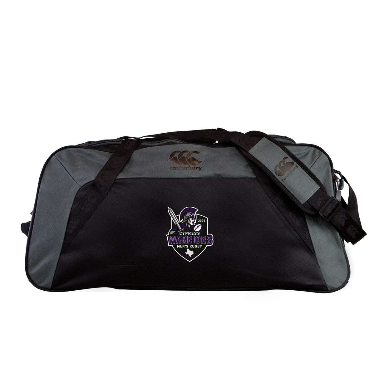 The EMB Canterbury Cypress Warriors Men's Rugby Holdall Duffle Bag is a large black and gray water-repellent duffle with shoulder straps, featuring a purple and white "Warriors" logo on the front.