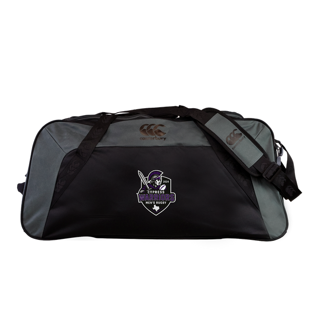 The EMB Canterbury Cypress Warriors Men's Rugby Holdall Duffle Bag is a large black and gray water-repellent duffle with shoulder straps, featuring a purple and white "Warriors" logo on the front.