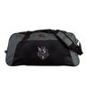 The EMB Canterbury Cypress Warriors Men's Rugby Holdall Duffle Bag is a large black and gray water-repellent duffle with shoulder straps, featuring a purple and white "Warriors" logo on the front.